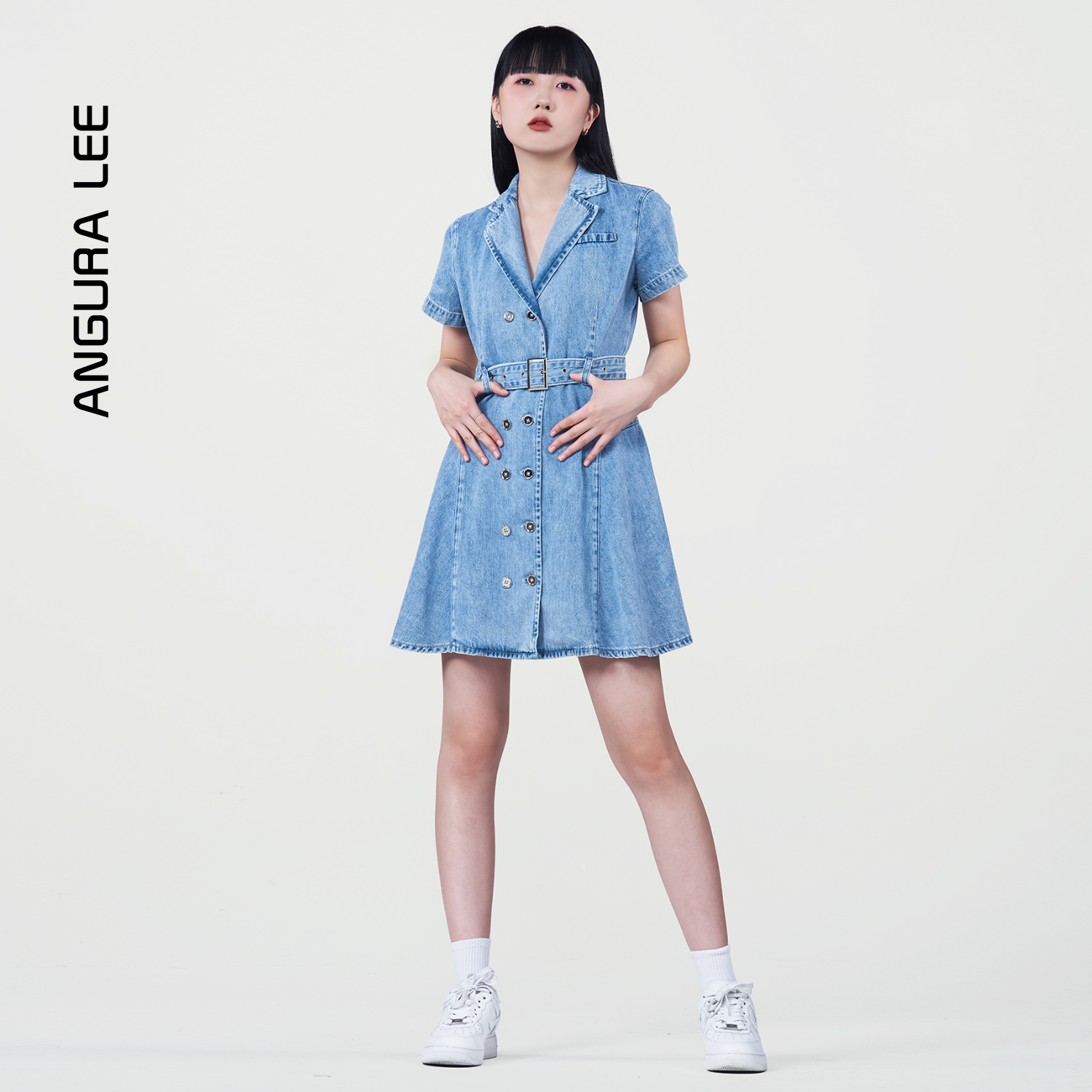 春夏新款經典水洗淺藍色女裝牛仔連衣裙